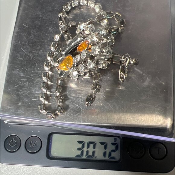 Vtg Rhinestone Bib Necklace Amber Glass Centerpiece Dangling Drops 16" Statement - Picture 6 of 6